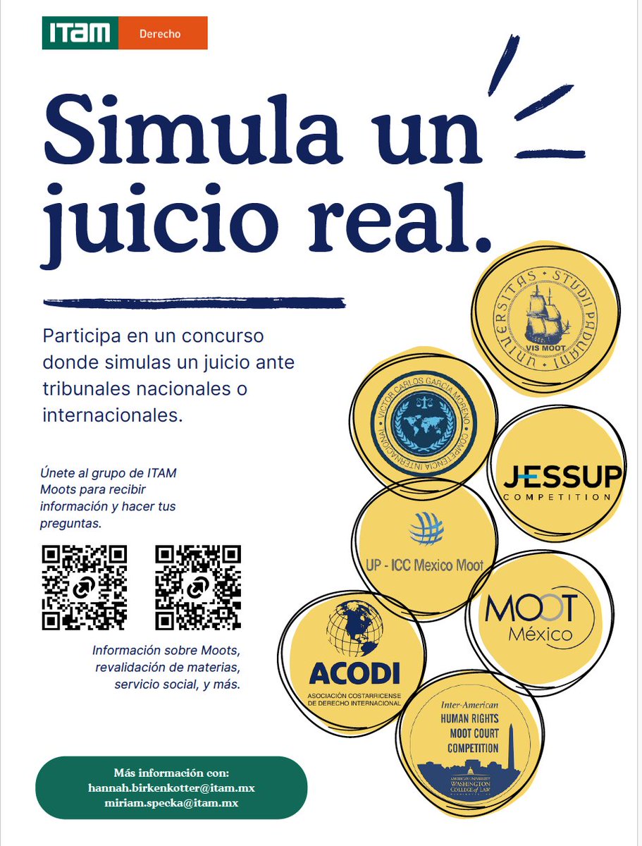 Derecho_ITAM's tweet photo. ¿Te imaginas defendiendo un caso ante un tribunal nacional o internacional? ⚖️🌎

Participa en un concurso y pon a prueba tus habilidades de investigación, argumentación y litigación. 

📲 Escanea los códigos QR.
#DerechoITAM #ITAM #Moots #MootCourt https://t.co/qbHVAMgbCz