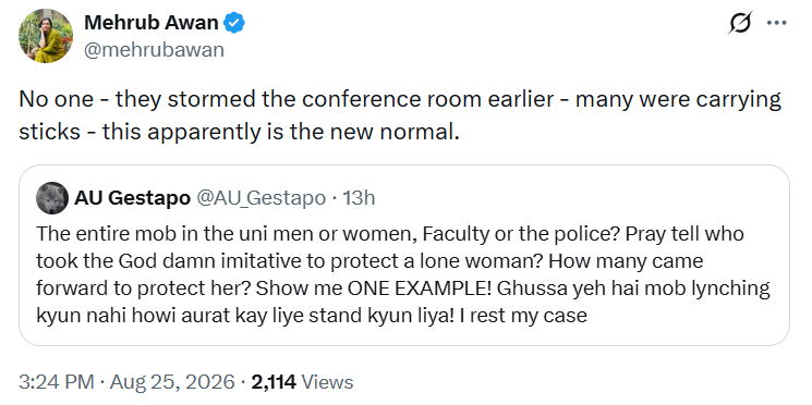 maybe_ghuf's tweet photo. Previously we were told that students stormed the conference room and forced her to lock herself in her office. Now we're being told the students weren't even letting her enter the campus.
Every few hours Mehurb receives a new revelation causing her to change the story. https://t.co/dtxawpVXAX