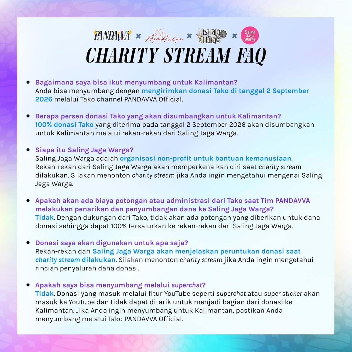 PANDAVVA_ID's tweet photo. PANDAVVA, @sayaayaaulya, dan @NiskalaNaia, bekerja sama dengan @SalingJagaWarga, akan mengadakan charity stream #JagatMayaBersamaKalimantan!

📅 Rabu, 2 September 2026
🕖 19.00 - 22.00 WIB

Silakan membaca FAQ untuk informasi lebih lanjut.

Charity ini didukung oleh @takodotid. https://t.co/uSKnAb2thq