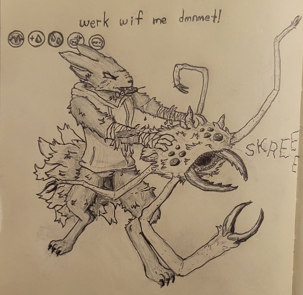 Eaglist1's tweet photo. @experiment12153's #expie Clavis trying to care for a very uncooperative #thornback. Inspired by IRL animal wrasslin' they do as part of their job.

Maybe touch ups/background later on but for now I'd say it's done :)

#casualtiesunknown #scavprototype #art #fanart #furryartㅤㅤ https://t.co/sKOHEg06Ou