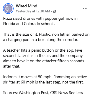 CyberpunkTTRPG's tweet photo. Pizza sized drones with pepper gel, now defending Florida and Colorado schools. #Drone #DefenseDrone #SchoolDefenseDrone #MaceDrone #NonLethalDefense #RammingSpeed #Cyberpunk #TTRPG #RPG https://t.co/VNW04Akwn4