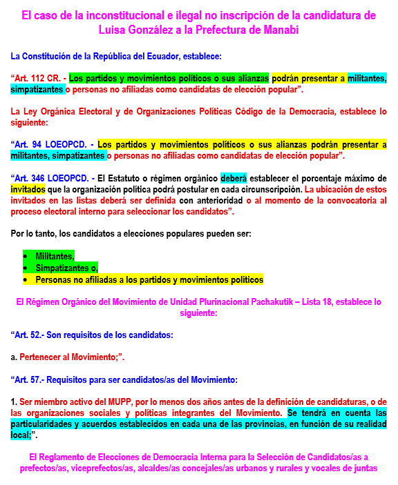 augustotandazo's tweet photo. No soy correísta, pero es necesario entender el caso de la no inscripción de la candidatura de Luisa González a la Prefectura de Manabí. Mi análisis en 3 hojas: https://t.co/W3gX6ShhUl