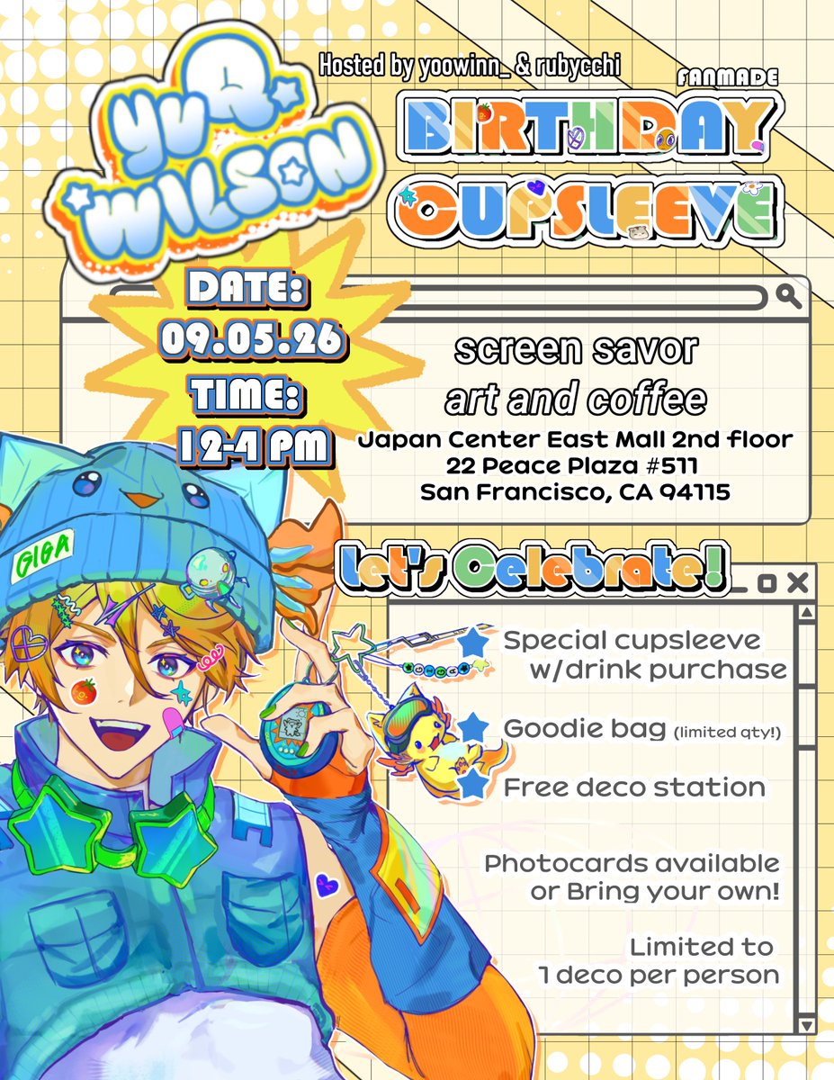 rubycchi's tweet photo. YU Q. WILSON BDAY CUPSLEEVE. We're back at it again! Hosted by @rubycchi and @yoowinn_

🗓️Date: Sept 5, 2026
🕛Time: 12PM - 4PM
☕️Location: @screensavor (East Mall, 2nd floor. Japantown, SF)

PRIZES REVEAL SOON
Art by @.cinnafi 
#YuQWilson https://t.co/sKzMAAJEju