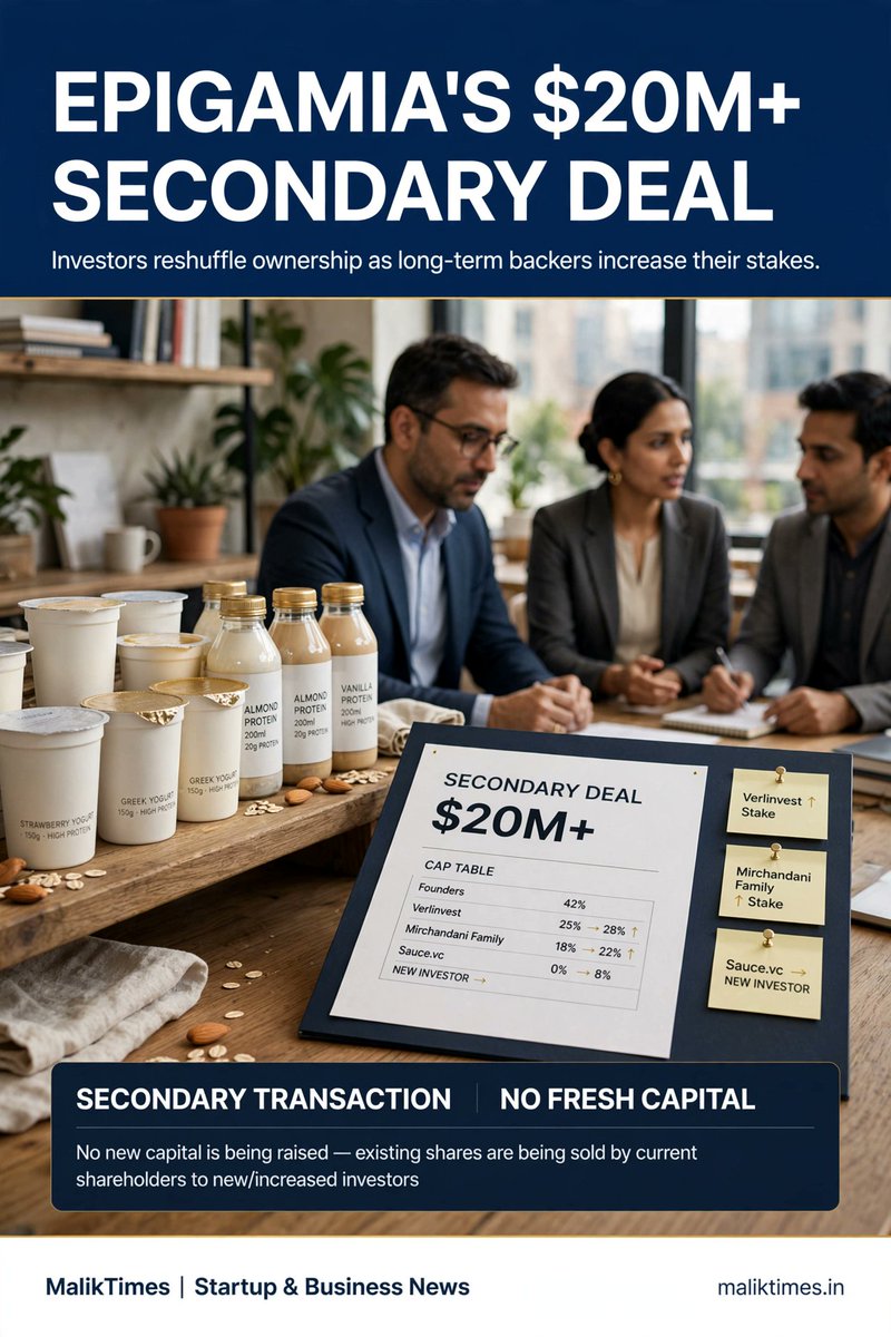 Advparvezali's tweet photo. Epigamia sees a $20M+ secondary deal. 🥛

Verlinvest + the Mirchandani family increased their stakes, while https://t.co/moDs8mWZb1 joined the cap table.

Important: this was a secondary transaction, so no fresh capital went into Epigamia.

Full story 👇

#StartupNews #Epigamia https://t.co/JoiROGFYbP