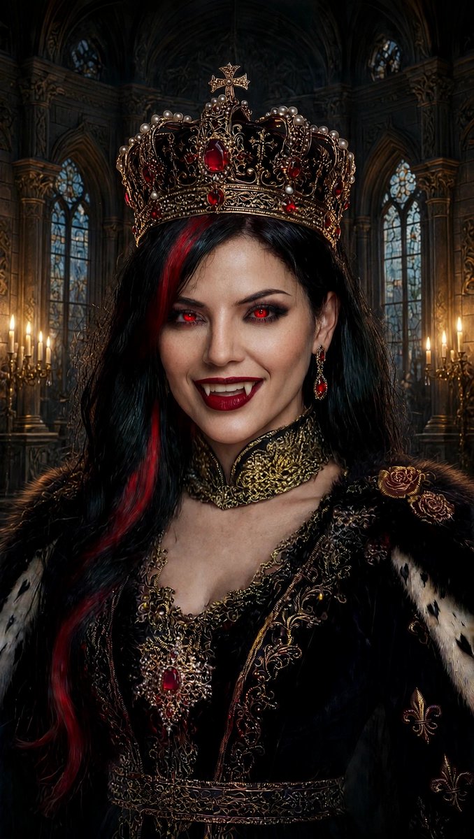 Nevergiveup_93's tweet photo. Crowned in gold and rubies, eyes burning red, smile sharp enough to kill. This is not a costume — this is the Vampire Queen reclaiming her gothic throne. Dark, regal, unforgettable.👑🩸
#VampireQueen #DarkRoyalty #GothicQueen #VampireAesthetic #GothicAesthetic #QueenOfTheNight https://t.co/H1JovsRemR