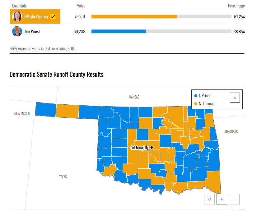 Aspen1921's tweet photo. a self described democratic socialist, N'Kiyla Jasmine Thomas, won the oklahoma democratic primary for the united states senate. to be clear she is not a member of DSA nor is she endorsed by any oklahoma chapters. that being said congratulations to her and best of luck.🌹 https://t.co/DoHsqb9gJ5
