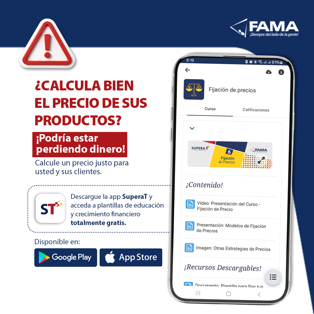 fama_nic's tweet photo. 💰 Cobrar menos no garantiza vender más; a veces, solo garantiza ganar menos.
📊 Para fijar correctamente un precio, considere costos fijos, variables y ¡su propio sueldo!
📚 En la App SuperaT encontrará el curso “Fijación de precios” y más contenido para fortalecer sus finanzas. https://t.co/H0yAyugq9Z