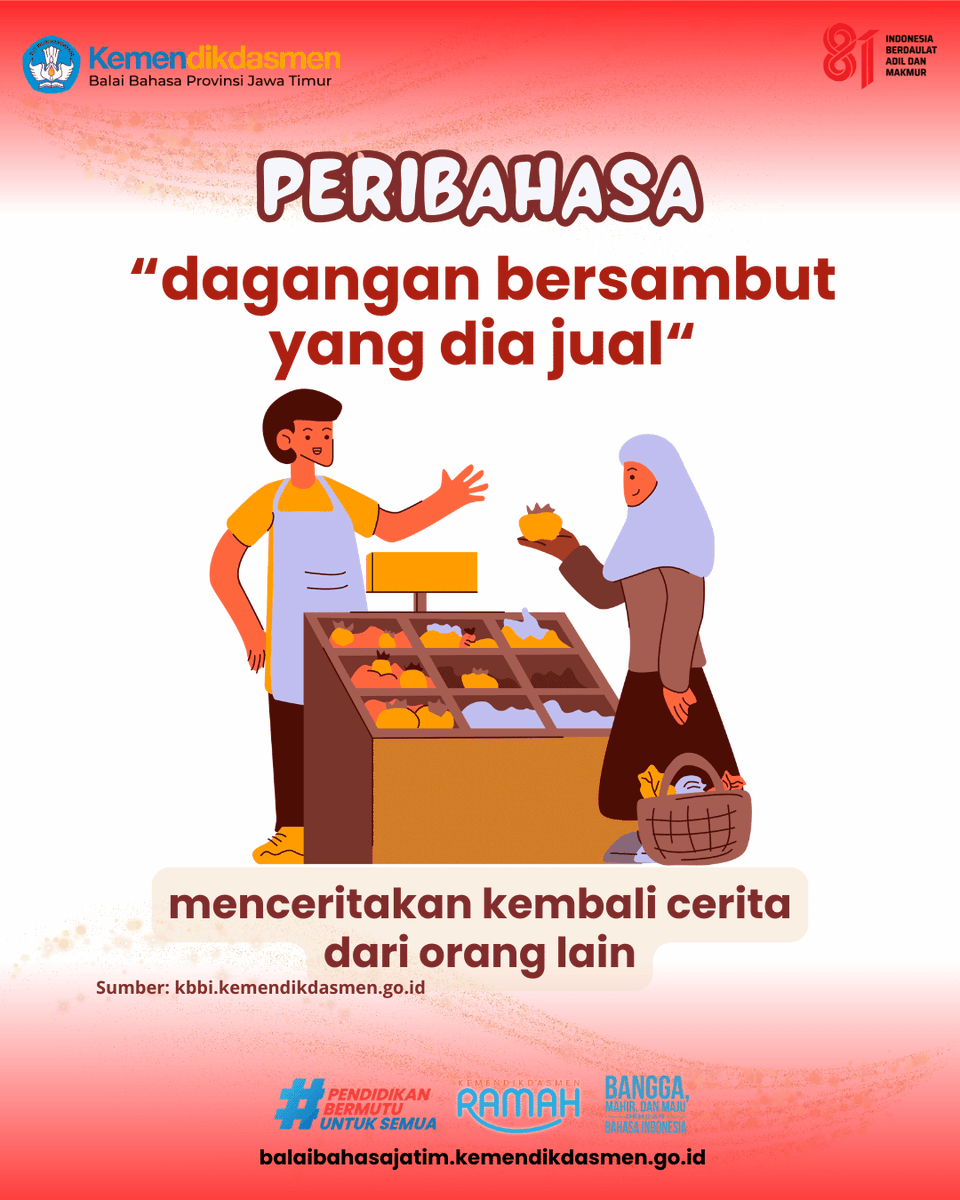 BB_Jatim's tweet photo. Peribahasa ini menggambarkan seseorang yang menceritakan kembali cerita dari orang lain. Hal ini mengingatkan kita untuk menyampaikan cerita dengan tepat. Jangan menambah atau mengurangi informasi yang diterima agar tidak menimbulkan salah paham. https://t.co/4SJP4ydd20