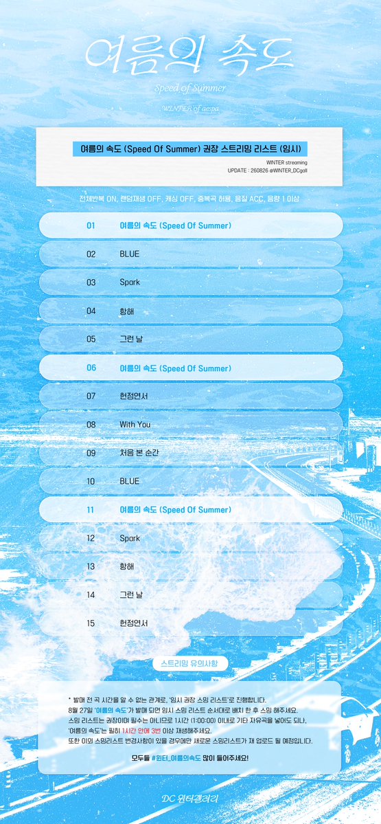 WINTER_DCgall's tweet photo. #윈터 ‘여름의 속도’ Speed Of Summer
(임시) 권장 스트리밍 리스트 💿🎧
🚘 유의사항 확인 후 권장 스밍 리스트대로 스밍 해주세요 .ᐟ
#윈터_여름의속도
#WINTER_SpeedOfSummer
#여름의속도 #SpeedOfSummer
#WINTER #ウィンター #에스파 #aespa https://t.co/GcbJnYKdhV