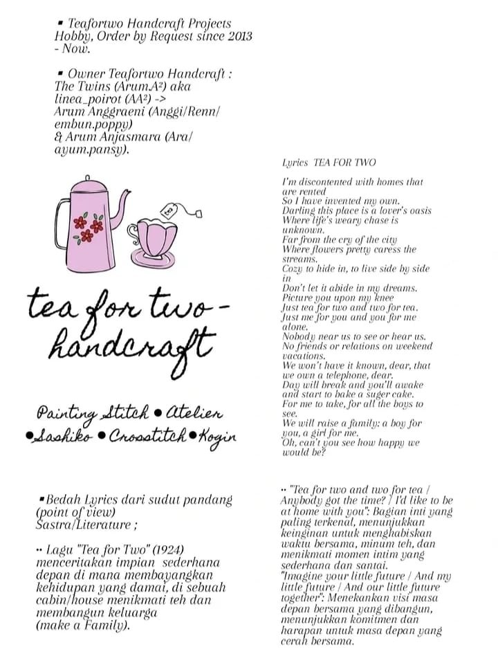 Krayon_warnaku's tweet photo. ʕ∙ჲ∙ʔ : 
ARSIP Tentang Local Handcraft'nya TWINS/KEMBAR (Arum.A²) &amp; Bedah Lirik Lagu "Tea for Two" dilihat dari Sudut Pandang (Point of View) Sastra (Fakultas Sastra Inggris/English Literature'nya Arum Anggraeni/Anggi/Renn/embun.poppy). @KertasRubrik https://t.co/9BWZ8KUyqX