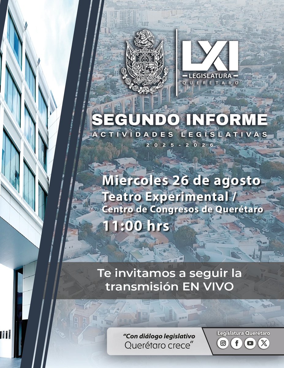 Legislatura_Qro's tweet photo. #2Informe
Te invitamos a que sintonices a través de nuestras redes sociales el 2 Informe de Actividades de la LXI Legislatura, que tendrá lugar en el Teatro Experimental en punto de las 11:00 am.
https://t.co/gOdugV8803
https://t.co/ybGPLWVaZ2
#LegislaturaQueretaro https://t.co/wC01a10Zlw
