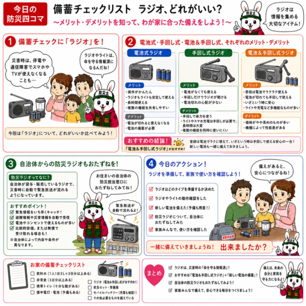 fumo32525's tweet photo. こんにちは〜ふもです🐰✋️ 
 今日はこの3つを非常持出し袋に入れよう🎒 
▢ラジオ ▢乾電池 ▢ライト 
ラジオのオススメは、電池式＆手回し機能付き（ライト付き） または電池式のラジオ（手回しのみは、辛いときに辛い） 
＃防災四コマ https://t.co/VbBejxYMJf