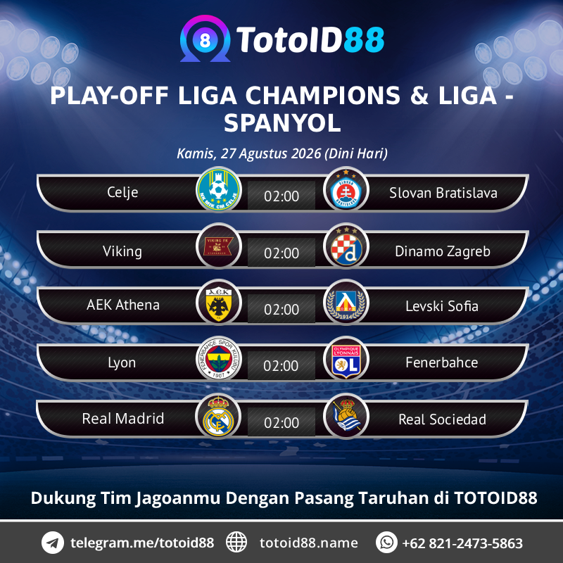 totoid88update's tweet photo. 🔰 S P O R T B O O K 🔰

Rabu &amp; Kamis, 26 &amp; 27 Agustus 2026 (Dini Hari)

⚽️ PIALA AFF 2026
⚽️ PLAY-OFF LIGA CHAMPIONS
⚽️ LIGA SPANYOL https://t.co/dSyO6H3LSS