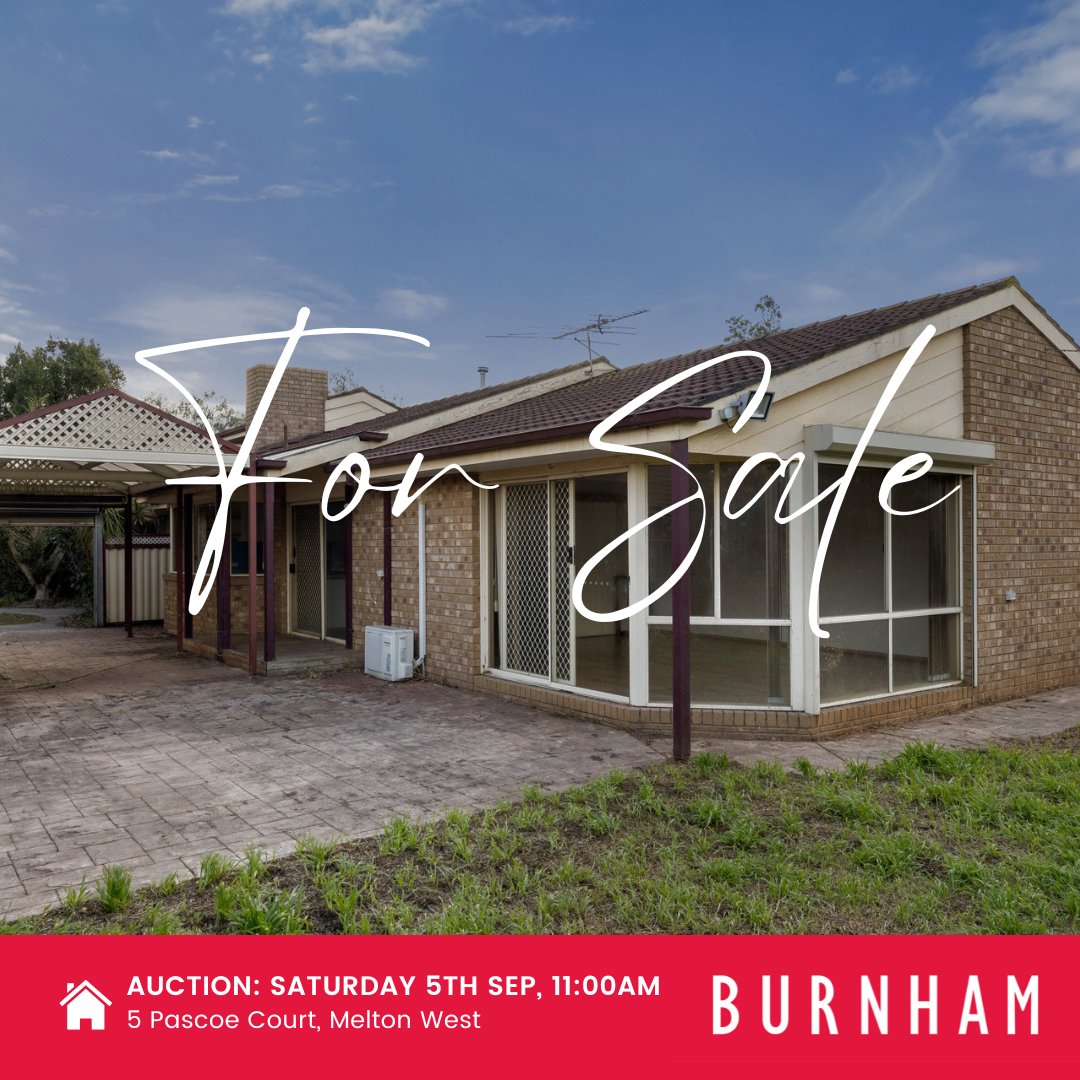 BurnhamRE's tweet photo. ⭐SO MUCH VALUE
📍5 Pascoe Court, Melton West
🔔Auction: Saturday 5th September, 11:00am
**Open Homes - Saturday 29 August 2026 at 10:00am**

More info: https://t.co/jYp860CVt2

#MeltonWest #realestate #burnhamrealestate https://t.co/1f3RAs1RQJ