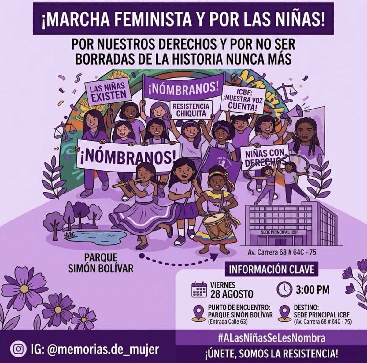 MafeTor47346535's tweet photo. @DianAngel01 @ICBFColombia @carorestrepocan POR LAS NIÑAS! POR FAVOR DIFUNDIR!!
este viernes 28 de agosto a las 3:00 pm en el parque simón bolívar, movilización y acto cultural por y para la mujer 💜✨ https://t.co/pCSahWZQPo