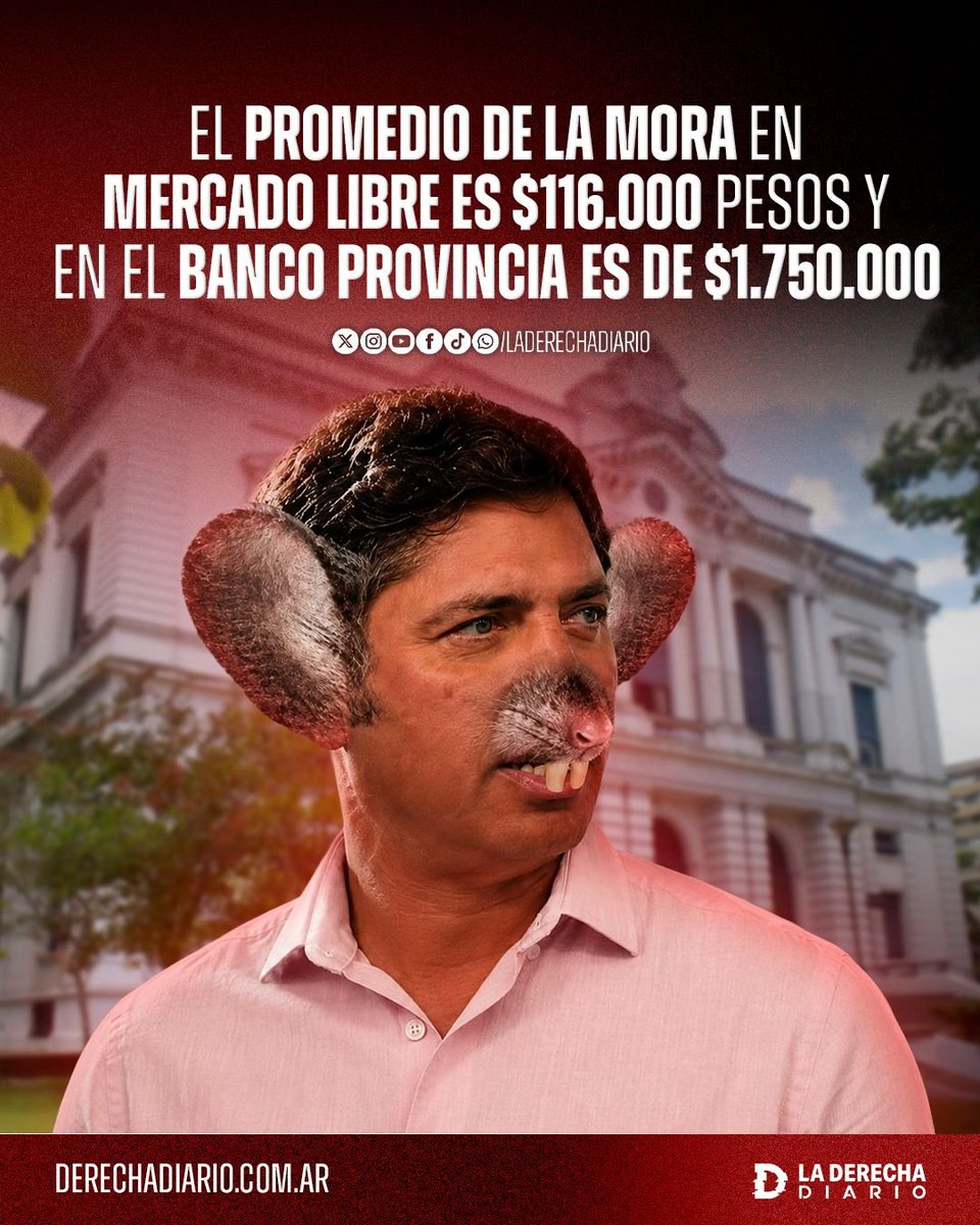 laderechadiario's tweet photo. 🚨🇦🇷 | KICILLOF ES EL VERDADERO USURERO: Mientras la mora promedio en Mercado Libre es de apenas $116.000, en el Banco Provincia alcanza $1.750.000, más de 15 veces más, por lo que, bajo la lógica kirchnerista, Kicillof estaría endeudando a los pobres bonaerenses para que puedan comer.