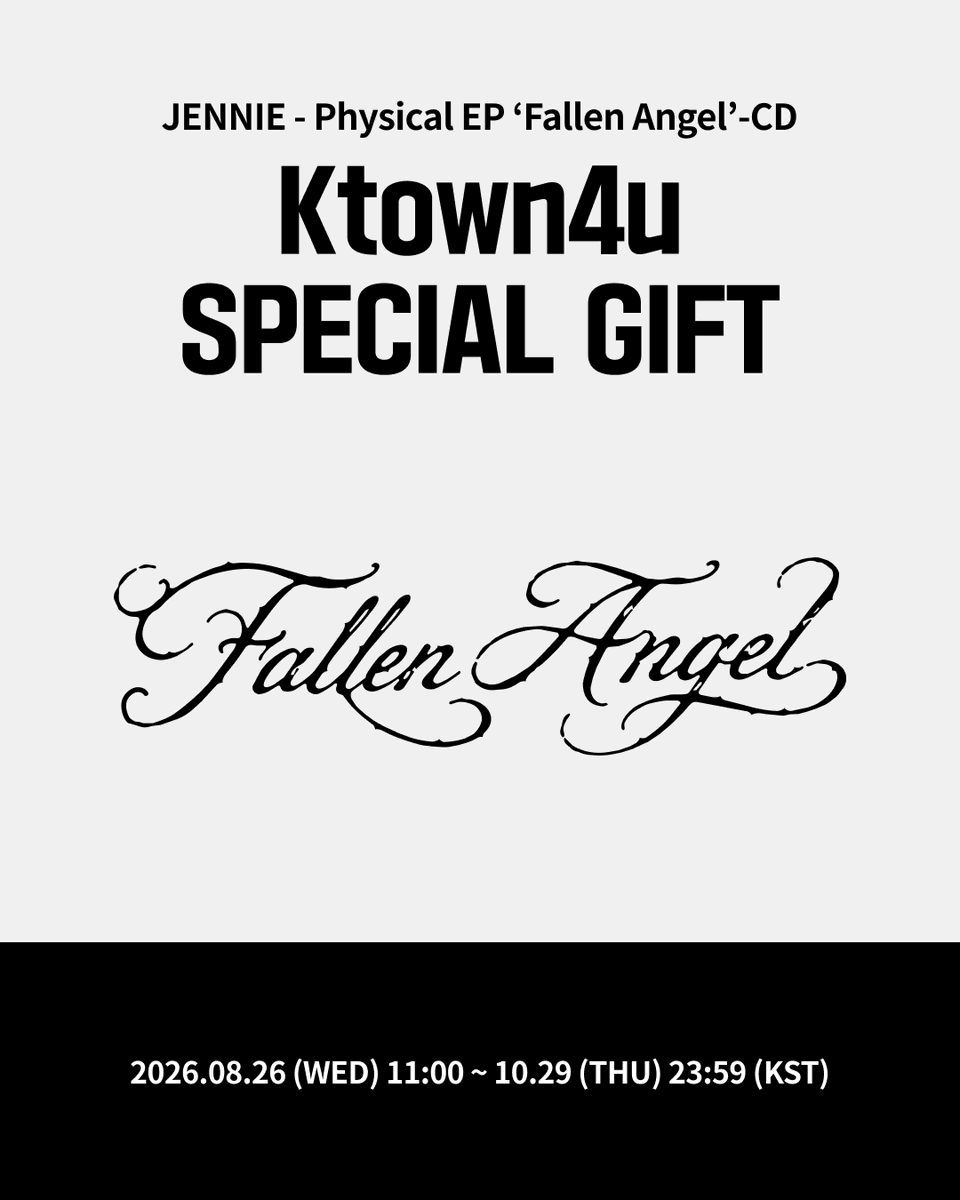 Ktown4u_main's tweet photo. [💿] #JENNIE #제니
JENNIE - Physical EP ‘Fallen Angel’ -CD
#케타포 예판특전 이벤트

🤍앨범 1장 구매 시, Ktown4u 단독 셀피 포토카드 3종 중 1종 랜덤 증정(1:1)

📅 2026.08.26 (수) 11:00 ~ 2026.10.29 (목) 23:59 (KST)

케이타운포유 [Ktown4u]
* Global : 🔗https://t.co/fdXoYvXzHE
* KR : 🔗https://t.co/Bq7mObPUfi
* JP : 🔗https://t.co/3ryJ4oi5B4
* CN : 🔗https://t.co/pQJRCbJTqB
*에이블리 🔗https://t.co/IHgHNWnR97

#JENNIE #제니 #FALLENANGEL 
#Ktown4u_event