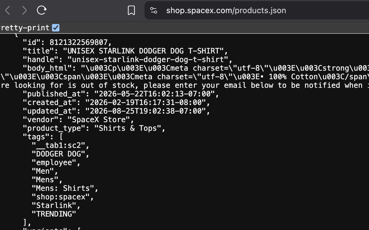 jasonlarla's tweet photo. I FOUND HIDDEN SPACEX EMPLOYEE-ONLY MERCH WITH AN INSIDE JOKE MEME???

Buried inside the official SpaceX Shop is a Starlink “Dodger Dog” T-shirt. It isn’t publicly available to purchase, but the hidden product still appears in SpaceX’s public store JSON.

“Dodger Dog” appears to be an internal SpaceX joke that gets printed on employee-only merch.

IS THIS THE FIRST SPACEX INSIDE JOKE UNCOVERED THROUGH THEIR OWN STORE???

Hidden product:
https://t.co/kAsHkjDkgo
Proof:
https://t.co/Nlw8PnmC4N