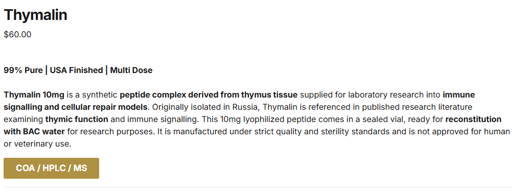 dusapilled's tweet photo. > advertising USA finished "thymalin" quoting the OG Khavinson study on thymalin and epithalamin
> COA available (first red flag) 
> Check COA
> It's Thymulin

Insane levels of grift. Huge twitter following too, wonder how many will fall for this. https://t.co/OI8Bv1Vf0k