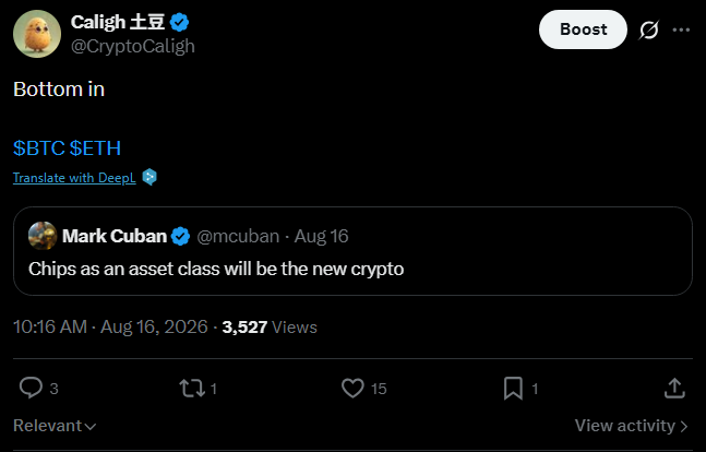 CryptoCaligh's tweet photo. 10年以来第三次喊底了

2022年11月20日 喊底

2026年8月16日 喊底

 $BTC $ETH 🚀 https://t.co/v70Ck0BlCY