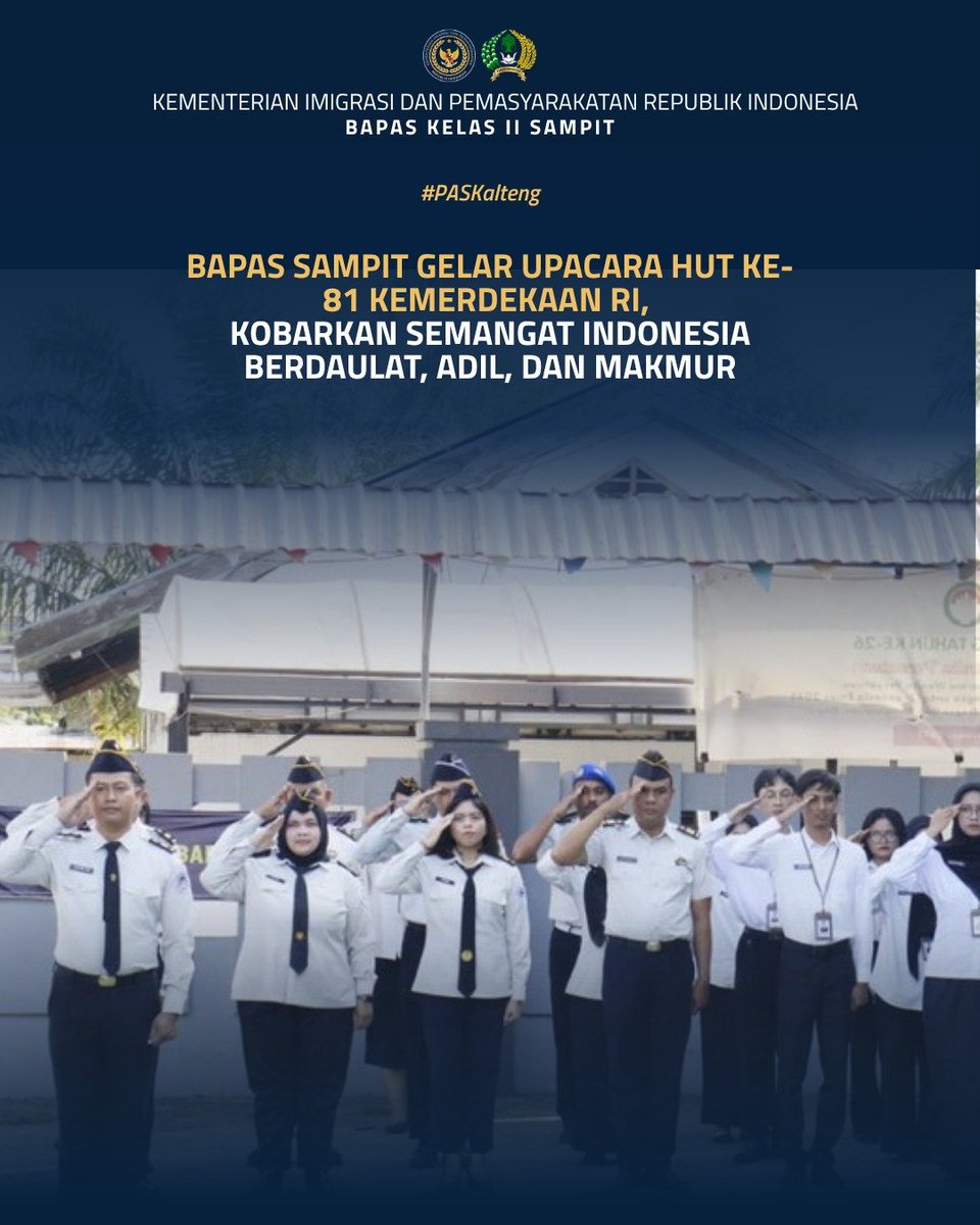bapas_sampit's tweet photo. Bapas Sampit Gelar Upacara HUT ke-81 Kemerdekaan RI, Kobarkan Semangat Indonesia Berdaulat, Adil dan Makmur

Selengkapnya pada:
https://t.co/uN5G4YLwUO

Humas Bapas Sampit

#kemenimipas
#Ditjenpas
#pemasyarakatan
#penjagadanpanduan
#DitjenpasKalteng
#Hensah
#HUTRI81 https://t.co/RGKOsLYSYc