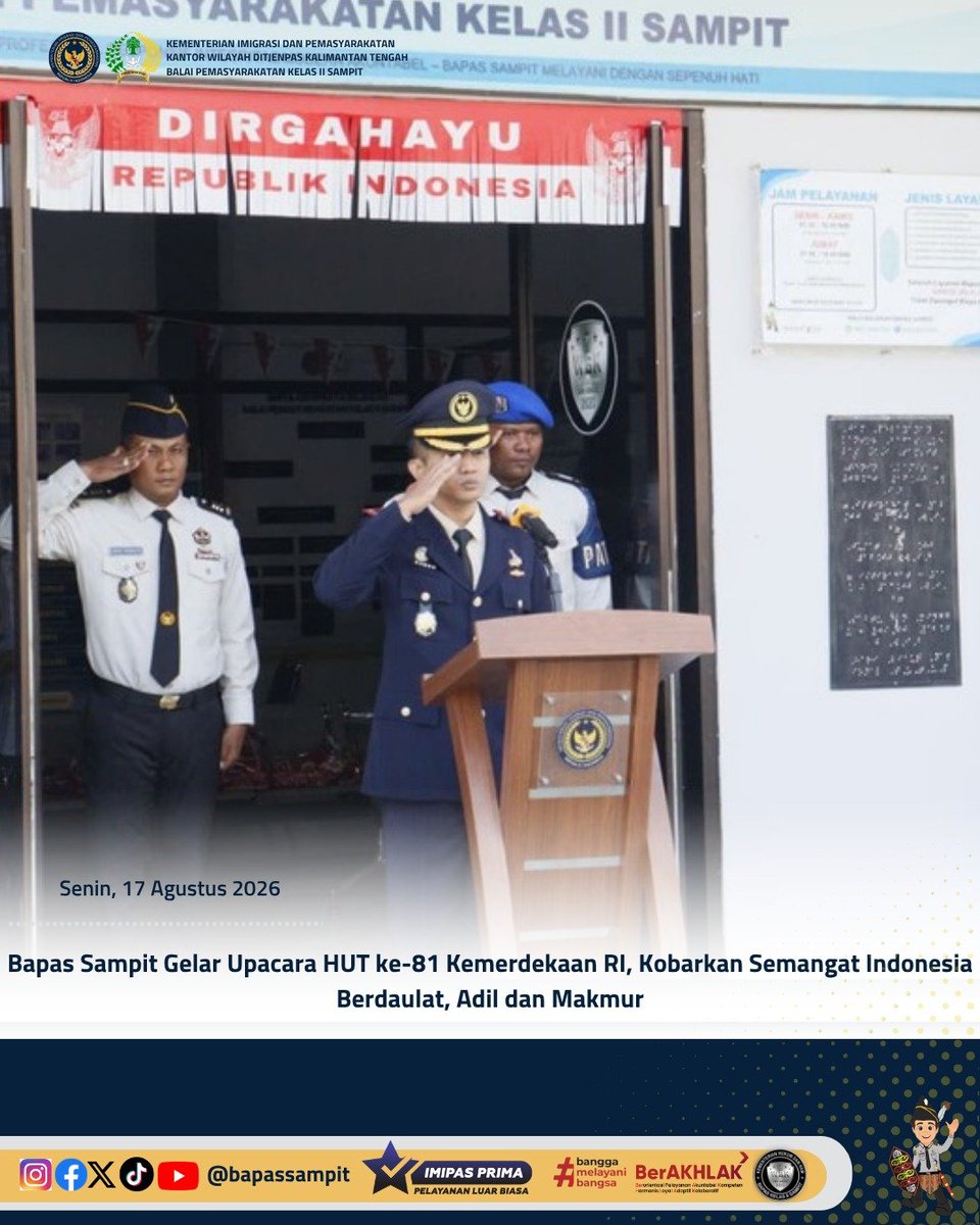 bapas_sampit's tweet photo. Bapas Sampit Gelar Upacara HUT ke-81 Kemerdekaan RI, Kobarkan Semangat Indonesia Berdaulat, Adil dan Makmur

Selengkapnya pada:
https://t.co/uN5G4YLwUO

Humas Bapas Sampit

#kemenimipas
#Ditjenpas
#pemasyarakatan
#penjagadanpanduan
#DitjenpasKalteng
#Hensah
#HUTRI81 https://t.co/RGKOsLYSYc