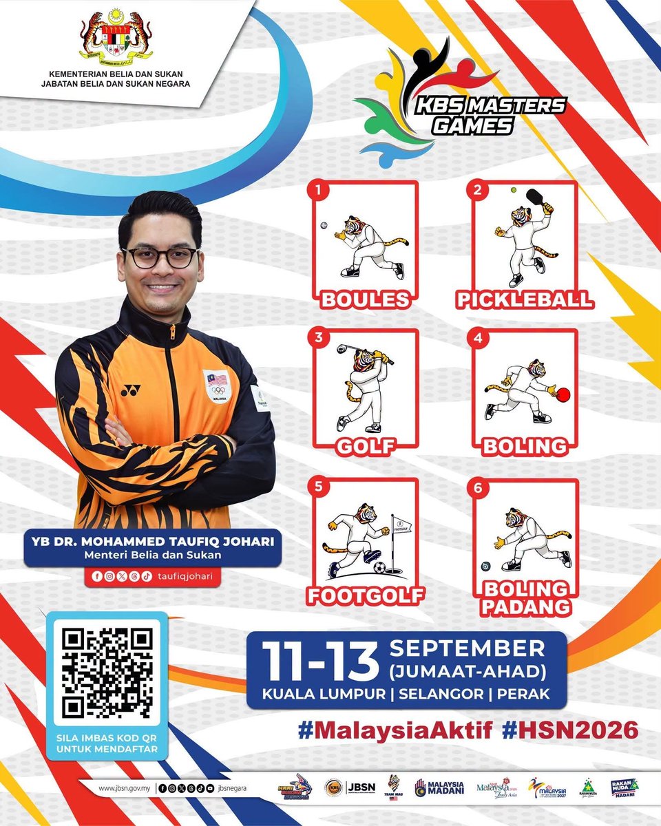 PBSDSPUPenang's tweet photo. Jom Turun Padang - Ini Ruang Anda! 🔥🇲🇾

Ayuh sertai KBS Masters Games yang akan kembali bagi edisi 2026 bermula 11 hingga 13 September 2026! 🏁

Sebanyak 6 acara sukan akan dipertandingkan https://t.co/A4BKxjxjiu