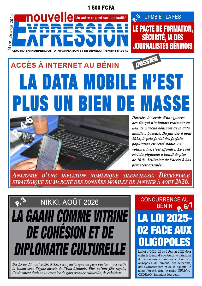 nudokan's tweet photo. Accès à internet en crise, oligopoles sous perfusion, Gaani en vitrine diplomatique, journalistes en quête d’armure face aux menaces numériques : le N°2941 de *Nouvelle Expression* dévoile les vérités brûlantes du Bénin. 

Contact : +229 0140 374 238 | nvlexp@gmail.com https://t.co/jcSzK4PN7n