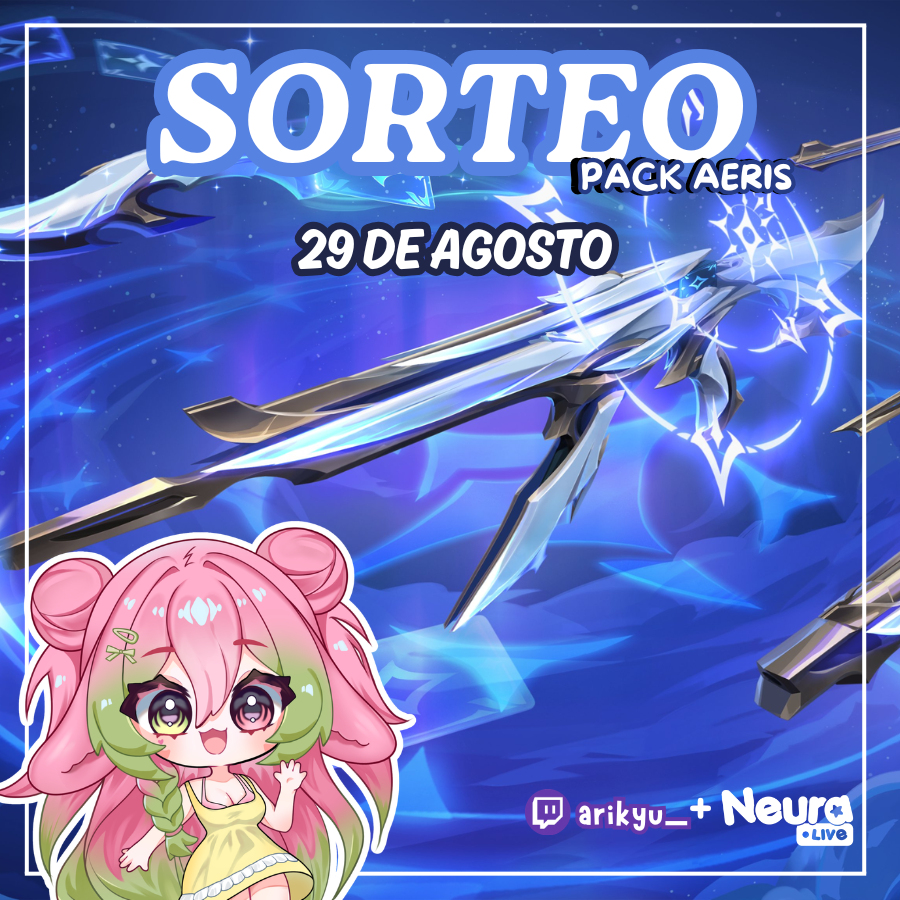 Arikyu_'s tweet photo. ¡SORTEO PACK AERIS DE VALORANT! ✨

¡Les tengo un sorteo especial del nuevo pack de skins Aeris de Valorant en colaboración con @NeuraLive_ ! + Otra sorpresa 👀
Tendrá una duración hasta el 29 de Agosto en dónde el sorteo será realizado en mi canal de Twitch https://t.co/kbFTqTOsB6

¿Cómo participar?
✅ Like + Repost
✅ Etiquetar a un amigo
✅ Seguir a @Arikyu_ 
✅ Seguir a @NeuraLive_
✅ Seguirme en Twitch.
✅ Estar presente el día 29 de Agosto durante el sorteo. (Solo se dará una tolerancia de 5 minutos para reclamar el premio, de lo contrario se volverá a sortear)