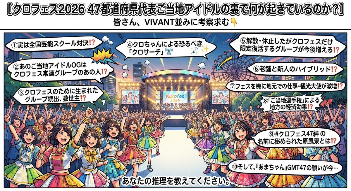 NEW25958838's tweet photo. 🟥代表47組🟥
クロフェス47都道府県代表企画 #クロフェス47絆
 ⭐️北海道代表：Chu-Hapi（@chuhapi ）
 ⭐️青森県代表：pacchi（@pacchi_twinkle）
 ⭐️岩手県代表：chairmans（チャーマンズ）（@chairmans_iwate ）
 ⭐️宮城県代表：みちのく仙台ORI☆姫隊（@ORIHIMETAI ）
 ⭐️秋田県代表：Twinkle AKITA feat. はっちゃん（@Hacchan_twinkle ）
 ⭐️山形県代表：MPF☆B（@_MPF_B_ ）
 ⭐️福島県代表：アイくるガールズ（限）（@iclegirls ）
 ⭐️茨城県代表：チーム ハレルヤ（@team_hallelu_ya ）
 ⭐️栃木県代表：とちおとめ25（@tochiotome25）
 ⭐️群馬県代表：あかぎ団（@AKAGIDAN_GUNMA）
 ⭐️埼玉県代表：大宮I☆DOLL（@idoll_omiya ）
 ⭐️千葉県代表：木更津発 仏恥義理アイドルC-Style（@CStyle4649 ）
 ⭐️東京都代表：まちだガールズ・クワイア（@MGC_Office ）
 ⭐️神奈川県代表：宝石娘（@JewelGirl_Ecrin ）
 ⭐️新潟県代表：MEILI CHARM（@meilicharm0420 ）
 ⭐️富山県代表：IM Zip（アイム ジップ）（@imzip_official ）
 ⭐️石川県代表：Flyell-フライル-（@Flyell_official）
 ⭐️福井県代表：せのしすたぁ（@senosister_info ）
 ⭐️山梨県代表：FUJI SAKURA塾（@FUJISAKURA_mama ）
 ⭐️長野県代表：S＊NOW（スノー）（@as_nagano_unit ）
 ⭐️岐阜県代表：蜂蜜★皇帝（@hachipera ）
 ⭐️静岡県代表：浜松市やらまいか大使H&A.（@herosacademyha ）
 ⭐️愛知県代表：学歴の暴力（@violenceofgkrk ）
 ⭐️三重県代表：me yell（ミエール）（@dela_nanaha ）
 ⭐️滋賀県代表：ChanceMovement（@_Chance_M_ ）
 ⭐️京都府代表：KIP（京都アイドルプロジェクト）（@KIP_kyocolle ）
 ⭐️大阪府代表：天空音パレード（@TOP_official_ ）
 ⭐️兵庫県代表：BABEL（バベル）（@babel_idol ）
 ⭐️奈良県代表：Le Siana（ルシャナ）（@LeSiananara ）
 ⭐️和歌山県代表：中井優月（@yumoon520 ）
 ⭐️鳥取県代表：ももにゃん（@momonyan0909 ）
 ⭐️島根県代表：berliner filling wish（ベルリーナ フィリング ウィッシュ）（@berliner_f_w_AZ ）
 ⭐️岡山県代表：dolce echo（ドルチェエコー）（@dolce_echo）
 ⭐️広島県代表：DILAⅢ（ディラム）（@dilam_official ）
 ⭐️山口県代表：L.U.R.E（ルリ）（@lure_idol ）
 ⭐️徳島県代表：Baby dolls（@Babydolls11 ）
 ⭐️香川県代表：VOLUPTE MEIDEN（ヴォルプテメイデン）（@VolupteMeiden）
 ⭐️愛媛県代表：WELIT（ウィリット）（@welit_official）
 ⭐️高知県代表：石川���楓（はちきんガールズ）（@hachikin_girls ）
 ⭐️福岡県代表：天神娘（@tenjin_musume）
 ⭐️佐賀県代表：Forgotten Saga （@ForgottenSagaLG ）
 ⭐️長崎県代表：VITORON（ヴィトロ）（@KidsKuwagata ）
 ⭐️熊本県代表：夢見るアイリス（@yumemiru_iris ）
 ⭐️大分県代表：Chimo（チャイモ） with Floraphia（フロラフィア）（@Chimo_Oita）（@Floraphia ）
 ⭐️宮崎県代表：AjuG-irls（アジュガールズ）（@ajuga2025）
 ⭐️鹿児島県代表：S☆UTHERN CROSS（@scasia2011）
 ⭐️沖縄県代表：OBP（@info_OBP ）