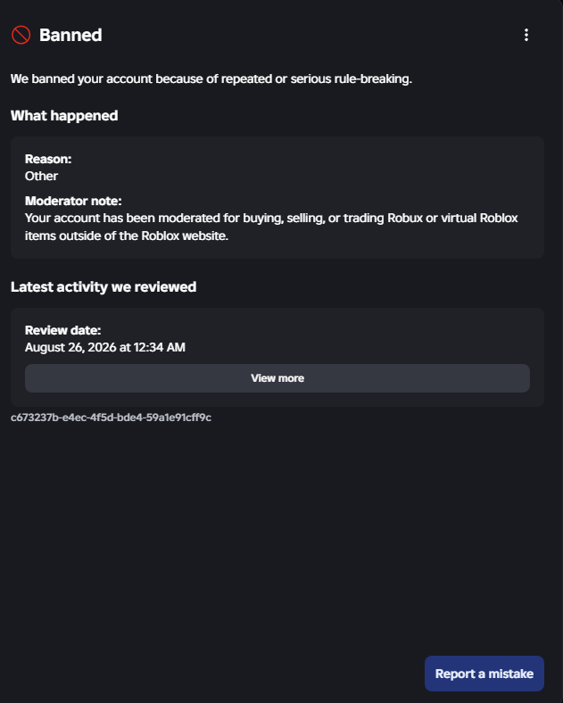 SGaming98494's tweet photo. I want to warn other Roblox developers to be extremely careful when using Robux to pay artists, developers, or commissions.

My account was banned by Roblox for:

“buying, selling, or trading Robux or virtual Roblox items outside of the Roblox website.”
#roblox #robloxdev https://t.co/cG8lzskkhy