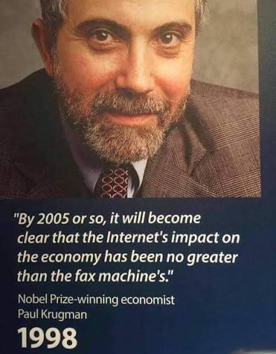 Handre's tweet photo. Paul Krugman wrote in 1998 that the internet's economic impact would be no greater than the fax machine's. You read that correctly. The man who won a Nobel Prize in 2008 and spent the following decade lecturing you about stimulus spending predicted that a technology reshaping every sector of human commerce was basically a novelty.

This matters beyond the embarrassment.

Krugman's error flowed directly from his methodology. Central planners and their academic allies consistently underestimate decentralized, emergent systems because those systems don't fit their models. Prices aggregate dispersed knowledge that no single mind holds. The internet turbo-charged exactly that process. By 2026, e-commerce alone exceeds $6 trillion annually in global sales. Amazon, founded in 1994, turned Krugman's fax-machine comparison into a punchline worth roughly $2 trillion in market capitalization.

Voluntary exchange, entrepreneurial discovery, and the profit-loss system direct resources toward genuine human needs.

Krugman kept writing columns. He championed the 2009 stimulus, called for even more spending, and watched inflation hit 9.1% in June 2022 while insisting it was transitory, while it very clearly wasn't. The internet prediction wasn't a one-off stumble. It revealed a man who trusts institutions over markets, models over reality, and his own prestige over the evidence.