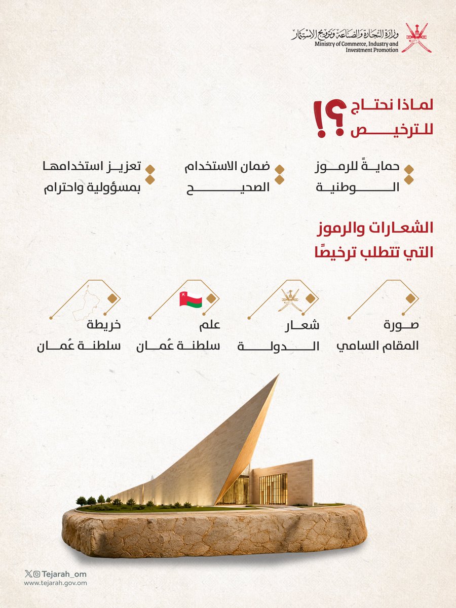Tejarah_om's tweet photo. إذا كنت تستعد لمناسباتنا الوطنية وتخطط لاستخدام الرموز الوطنية على منتجاتك… 🇴🇲

تأكد من استخراج الترخيص قبل 15 أكتوبر 2026 https://t.co/kt52Nv6Okt