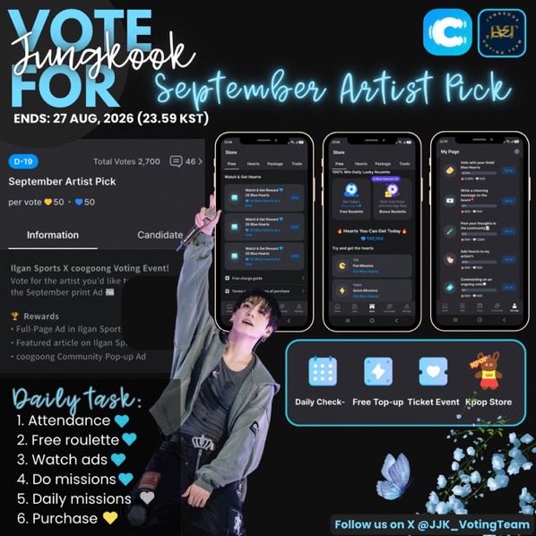 JJK_VotingTeam's tweet photo. 🎂Jungkook Birthday Votings
Let’s celebrate Jungkook every day and do our best to show our support 🫶🏻 

‼️Collect &amp; Vote
💙COOGOONG (FanCast) - ends Aug 27, 23:59KST
✨MUNIVERSE - ends Aug 31, 16:00KST https://t.co/pG6YDcVvtx