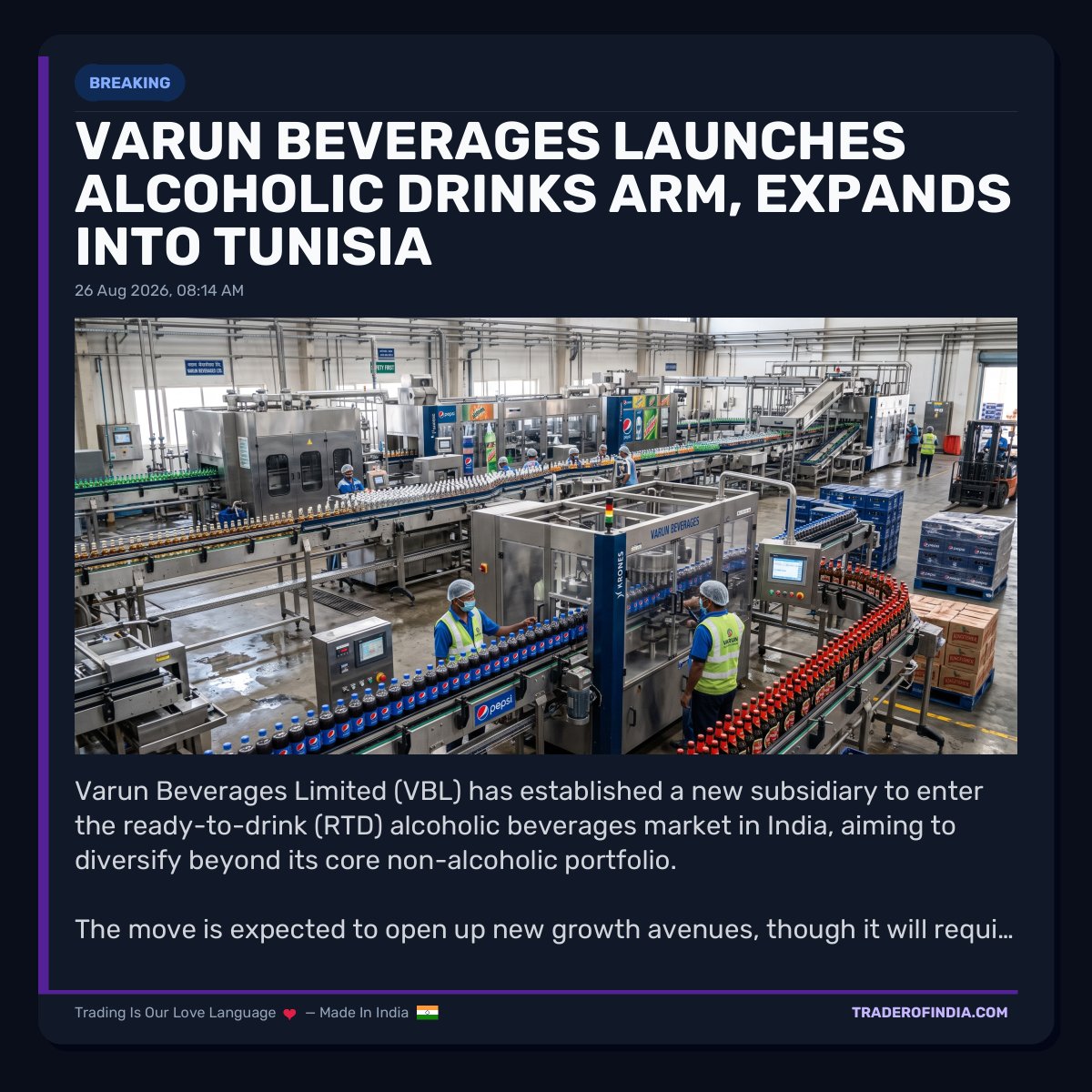 Trader_Of_India's tweet photo. Varun Beverages Launches Alcoholic Drinks Arm, Expands into Tunisia
#alcoholicbeverages #rtd #varunbeverages #tunisia #internationalexpansion #jointventure #beverageindustry #toi #traderofindia https://t.co/N71EzLkgbp