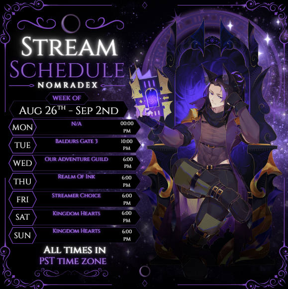 Nomradex's tweet photo. Stream Schedule for the next week (art by the wonderful Enoshiii with three eyes) https://t.co/zkd2XtUmz2