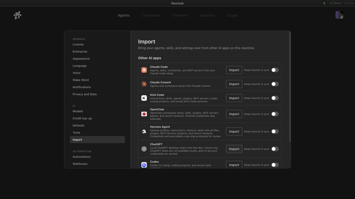 Neotask_ai's tweet photo. OpenClaw and Hermes Agent now import into Neotask.

Sync your workspace setup, skills, plugins, MCP servers, agents, and recent sessions in one click.

Turn on “Keep imports in sync” and your changes keep flowing in, so you can carry on using any supported app alongside Neotask. https://t.co/GXTr0vZ1tY