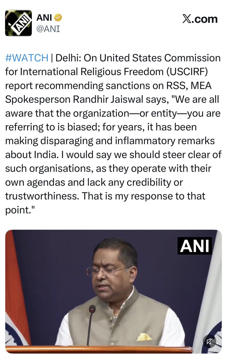 SaketGokhale's tweet photo. The BIG question here is why is the Govt of India responding on behalf of RSS?

A simple reply would be “This doesn’t pertain to the Govt of India”

MEA should also explain how asking for sanctions on RSS (a pvt unregistered org) equals “disparaging India”?

Is RSS=India now? https://t.co/vmTX2Pavk1