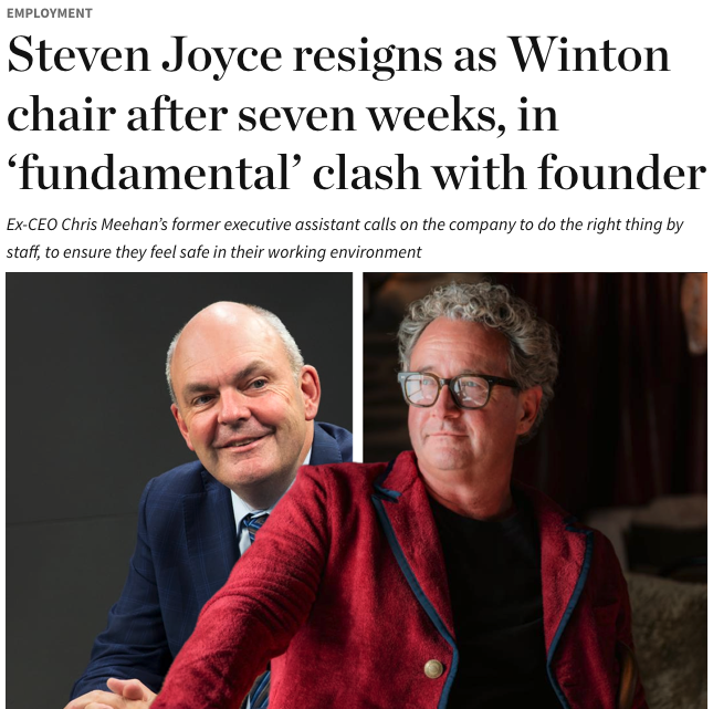 JonoMilne's tweet photo. We reported at least five Winton staff had lodged complaints; about four named founder Chris Meehan. He resigned – but just seven weeks later, Meehan is back hanging out downstairs at the company's Bravo restaurant – and chair Steven Joyce has quit.
https://t.co/jIpCAEjgs0 https://t.co/KDIXxJv8Bd