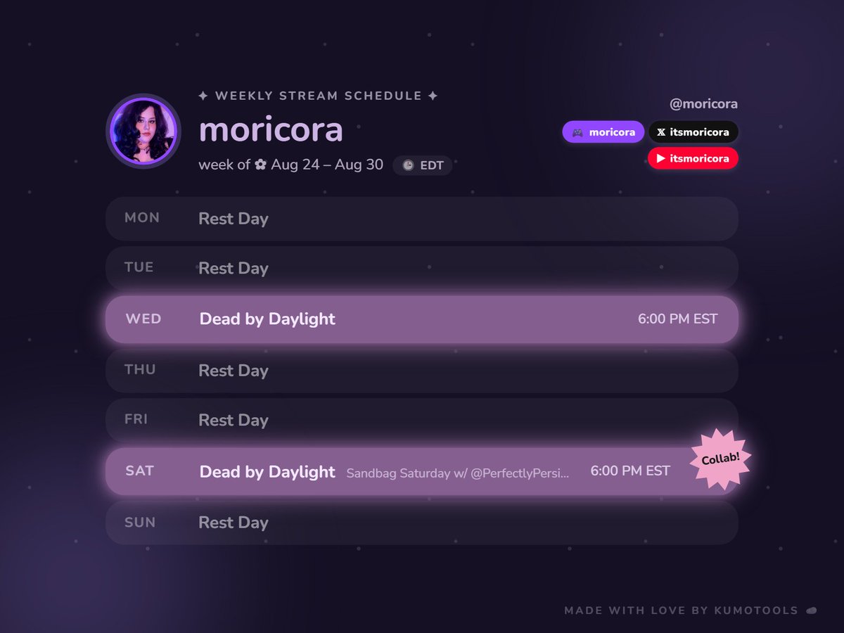 itsmoricora's tweet photo. stream schedule 💜week of August 24 - August 30

Wednesday at 6:00 PM EST - Dead by Daylight
Saturday at 6:00 PM EST - Dead by Daylight, Sandbag Saturday with @SOFTHAUNT https://t.co/F8bijVsPPC
