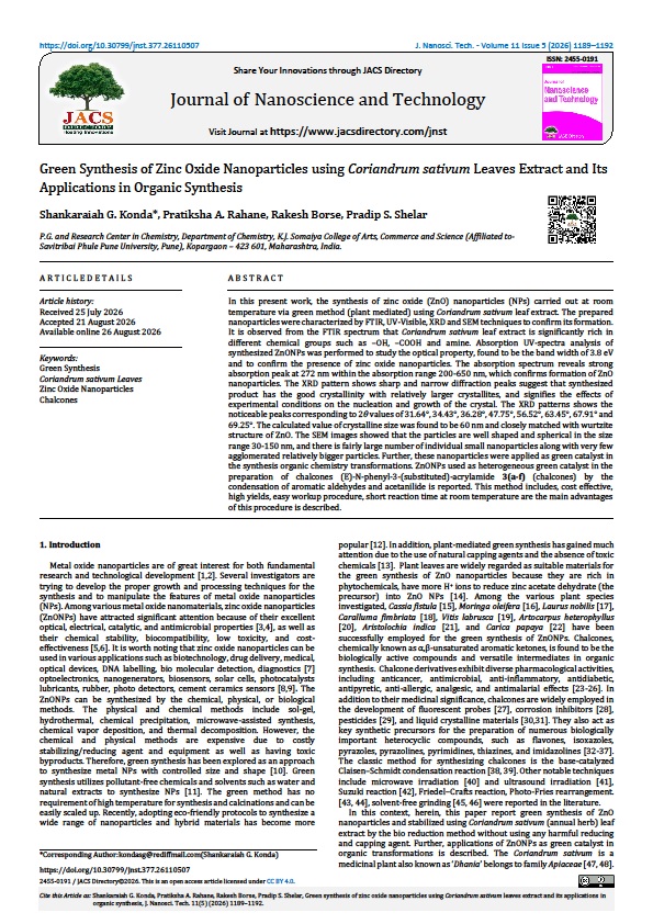 jnst_journal's tweet photo. Synthesis of ZnO Nanoparticles using Coriandrum sativum Leaves Extract
S.G. Konda*, P.A. Rahane, R. Borse, P.S. Shelar
Journal of Nanoscience and Technology
Volume 11,Issue 5,2026, Pages: 1189–1192.
https://t.co/mCBtHDfMmd
#jacsdirectory #jnst #nanoscience #nanotechnology https://t.co/VfKIFz13uF