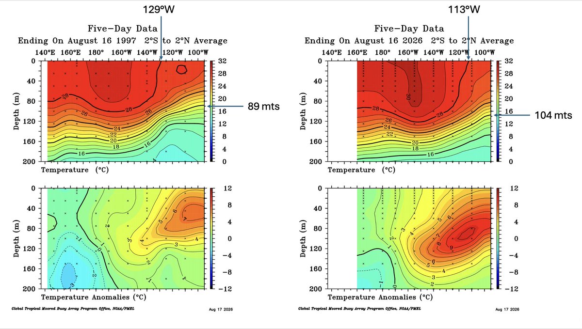 hombredeltiempo's tweet photo. La piscina cálida está avanzando (comparativamente con 1997; de hecho es el único evento comparable al actual #ElNiño en data TAO #NOAA) más rápido hacia Sudamérica. Entre el 16 y 24 de agosto la isoterma de 28°C en superficie  en 1997 avanzó 1°. En 2026 lo hizo 2°. Estando entonces y ahora en 128°W y 111°W respectivamente.

Donde es aún más conspicua la diferencia es en el hundimiento de la isoterma de 20°C: Entre el 16 y 24 de agosto la isoterma en 1997 emergió 10 mts. En 2026 se hundió 5 mts. Estando entonces y ahora en 79 mts. y 109 mts. respectivamente.

Una posible causa de la surgencia de la isoterma de 20°C en tan poco tiempo en 1997 podría estar vinculada a un campo amplio de presiones anómalamente positivas frente al norte de #Chile y #Perú.  Esta fue una condición transitoria pues el hundimiento de la termoclina en la primavera de 1997 (faltan 4 semanas para que llegue la del 2026) fue muy importante.

Los modelos de presiones no se ven muy promisorios para contener el avance en superficie y bajo ella de la piscina cálida que viene desde el Pacífico Occidental al Oriental. Esta, va a producir un verano muy cálido en la costa de #Perú y eleva el riesgo de precipitaciones en la costa de #Ecuador y en la costa norte de #Perú conforme al pronóstico climático de @Senamhiperu y @enfenperu 

@ginopw_airsea @SinopSudamerica @MeteoPedagogie @meteoclim @jomagalvez