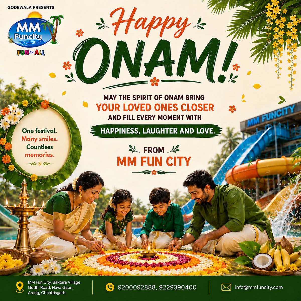 MM_Funcity's tweet photo. A season of flowers, a heart full of joy and a home filled with laughter… 

May Onam bring beautiful beginnings and even more beautiful moments to cherish with your loved ones✨

Happy Onam from MM Fun City!

#HappyOnam #OnamCelebration #OnamVibes #MMFunCity #Raipur https://t.co/3CoIGUx4tT