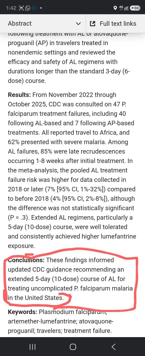 mohagirei's tweet photo. THE ISSUE AROUND THE RECENT US-CDC UPDATE REGARDING EXTENDED ARTEMETHER-LUMEFANTRINE TREATMENT DURATION OF 5DAYS.

Recent discussions among some Nigerian healthcare professionals and members of the public regarding the United States Centers for Disease Control and Prevention (CDC) update on extending Artemether-Lumefantrine (AL) treatment duration for malaria require proper contextual understanding.

It is important to clarify that the CDC recommendation of extending Artemether-Lumefantrine treatment to five days (10 doses) is not a universal recommendation for malaria treatment worldwide. Rather, it represents a specific response within the United States healthcare setting, particularly for travellers returning from malaria endemic regions who are managed in a population with different epidemiological characteristics from malaria endemic countries such as Nigeria.

The CDC’s position was informed by observations from a limited number of malaria cases managed in the United States. The report involved 47 patients, of whom 40 received Artemether-Lumefantrine and seven received Artesunate-Pyronaridine. Treatment failures, including some cases of severe malaria, were documented. However, such findings should be interpreted within the context of the study population, sample size, and healthcare setting in which the observations were made.

In countries where malaria transmission is endemic, treatment recommendations are developed using broader evidence from different regions, including clinical trials and continuous therapeutic efficacy studies. This is because malaria behaves differently in populations with varying levels of immunity. Individuals living in malaria endemic areas often develop partial immunity due to repeated exposure, unlike non immune travellers who acquire malaria after visiting endemic regions.

It is also important to understand that treatment failure does not automatically mean drug resistance. A treatment failure simply indicates that the expected treatment outcome was not achieved. The underlying causes may be varied and can include parasite factors, patient factors, drug absorption, adherence issues, reinfection, or true resistance. This is why molecular correction using PCR methods is essential to differentiate recrudescence (return of the original infection) from reinfection.

The National Malaria Elimination Programme (NMEP) continues to apply evidence based approaches to protect the effectiveness of available antimalarial medicines. A national Antimalarial Drug Resistance (AMDR) strategy has been developed to strengthen resistance monitoring, improve preparedness and provide strategic options should resistance challenges emerge.

For now, the recommended practice remains clear: suspected malaria cases should undergo parasitological confirmation before treatment whenever possible. We must continue to trust quality Rapid Diagnostic Tests (RDTs) and strengthen malaria microscopy capacity among laboratory personnel.

The current recommendation remains the use of approved ACTs, including Artemether-Lumefantrine, as a three day treatment course for uncomplicated malaria in Nigeria, in accordance with national guidelines.

Regarding special populations, Artemether-Lumefantrine remains an option for confirmed malaria infection in pregnant women during the first trimester when clinically indicated, while treatment choices in later trimesters should follow national recommendations. Artesunate-Pyronaridine requires careful consideration because WHO guidance remains limited due to insufficient pregnancy safety data.

The fight against malaria requires collective responsibility. Preserving our antimalarial medicines depends not only on identifying resistance early but also on ensuring rational prescribing practices and avoiding unnecessary modifications of treatment regimens without local evidence.