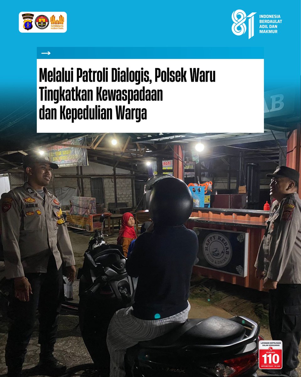 PpuPolres's tweet photo. Polres PPU Polda Kaltim – Dalam rangka menjaga situasi keamanan dan ketertiban masyarakat (kamtibmas), jajaran Polsek Waru melaksanakan patroli dialogis di wilayah Kecamatan Waru, Kabupaten Penajam Paser Utara, Rabu (26/08/2026). https://t.co/RikJTgoI0c