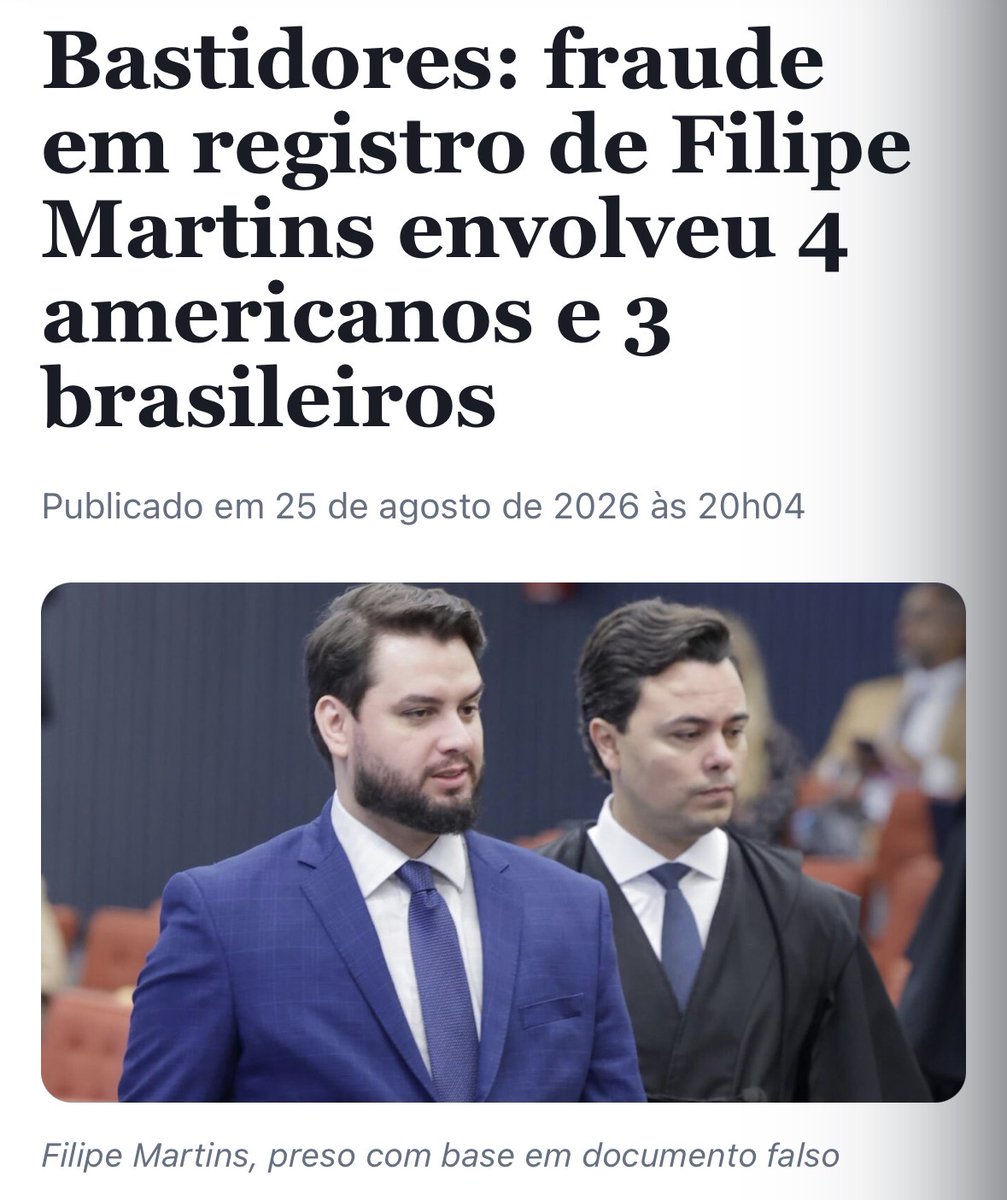 nortonreveno's tweet photo. Isso aqui pode virar um dos maiores escândalos envolvendo Brasil e Estados Unidos dos últimos anos.

Filipe Martins ficou preso por meses com ajuda de uma informação de imigração que agora a própria Justiça americana reconhece como falsa.

E o juiz Gregory Presnell já deixou claro que quer saber quem colocou esse registro no sistema e como isso foi parar num processo no Brasil.

A documentação do caso envolve funcionários do CBP e representantes brasileiros, incluindo servidores ligados à Polícia Federal. Alguns nomes já circulam no off, mas ainda não foram oficialmente confirmados como responsáveis, eu ja desconfio de alguns rsrs

Porque pensa comigo, não estamos falando de um CPF digitado errado num cadastro qualquer. Estamos falando de um registro migratório oficial dos EUA que atravessou fronteira, virou informação de processo e ajudou a sustentar a prisão de uma pessoa no Brasil. A gente sabe que isso nao foi erro técnico, alguém colocou de propósito.

Estamos falando de possível manipulação de informação oficial com consequência direta na liberdade de alguém. Isso é bizarro

O juiz americano já sinalizou que pretende abrir mais informações e os nomes podem aparecer nas próximas semanas. Quando isso acontecer, vai ter muita gente aqui no Brasil torcendo pra internet esquecer o que foi feito.

Porque erro acontece. Agora, uma informação falsa sair de um sistema americano, cruzar dois países e terminar ajudando a colocar um cara na cadeia é uma coincidência boa demais pra ninguém querer investigar até o fim.
