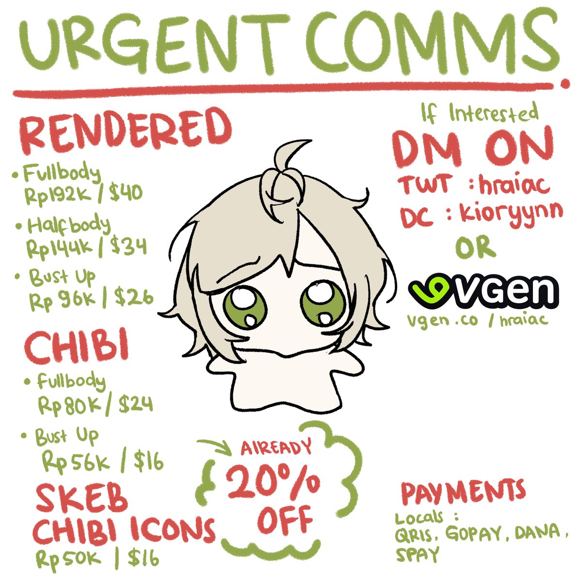 hraiac's tweet photo. Hi guys! im updating this... 

Im in urgent needs for my mother's debt for about Rp1jt/$60. Im opening all of my services from rendered to all of the chibi's. If you're interested you can check out my VGen or DM me! 

I really need your help, thank you 💗🙏 https://t.co/Xu8sK6vGL1