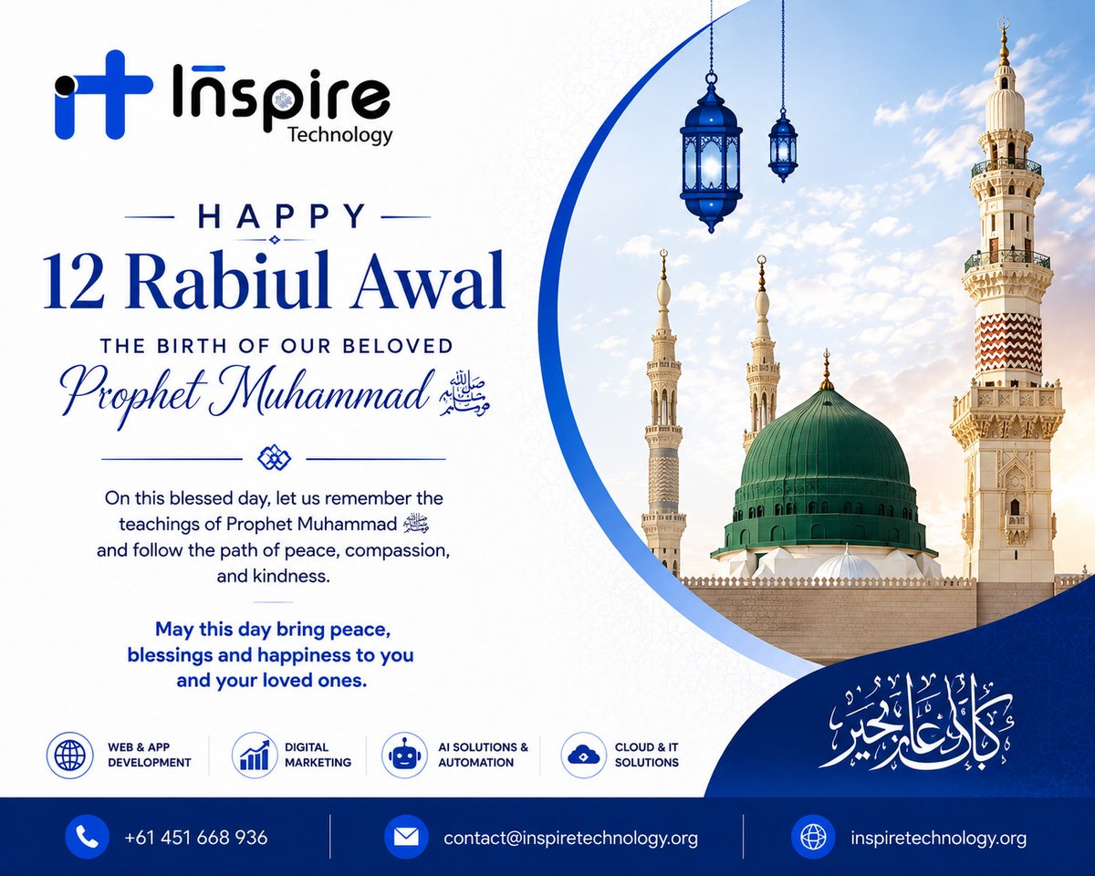 InspireTechWTNW's tweet photo. 🌙 Happy 12 Rabi ul Awal!

May this blessed day inspire us to follow the path of peace, compassion, and kindness. 💙

Eid Milad-un-Nabi Mubarak! ✨

— Inspire Technology https://t.co/tH0lpy0Iik
