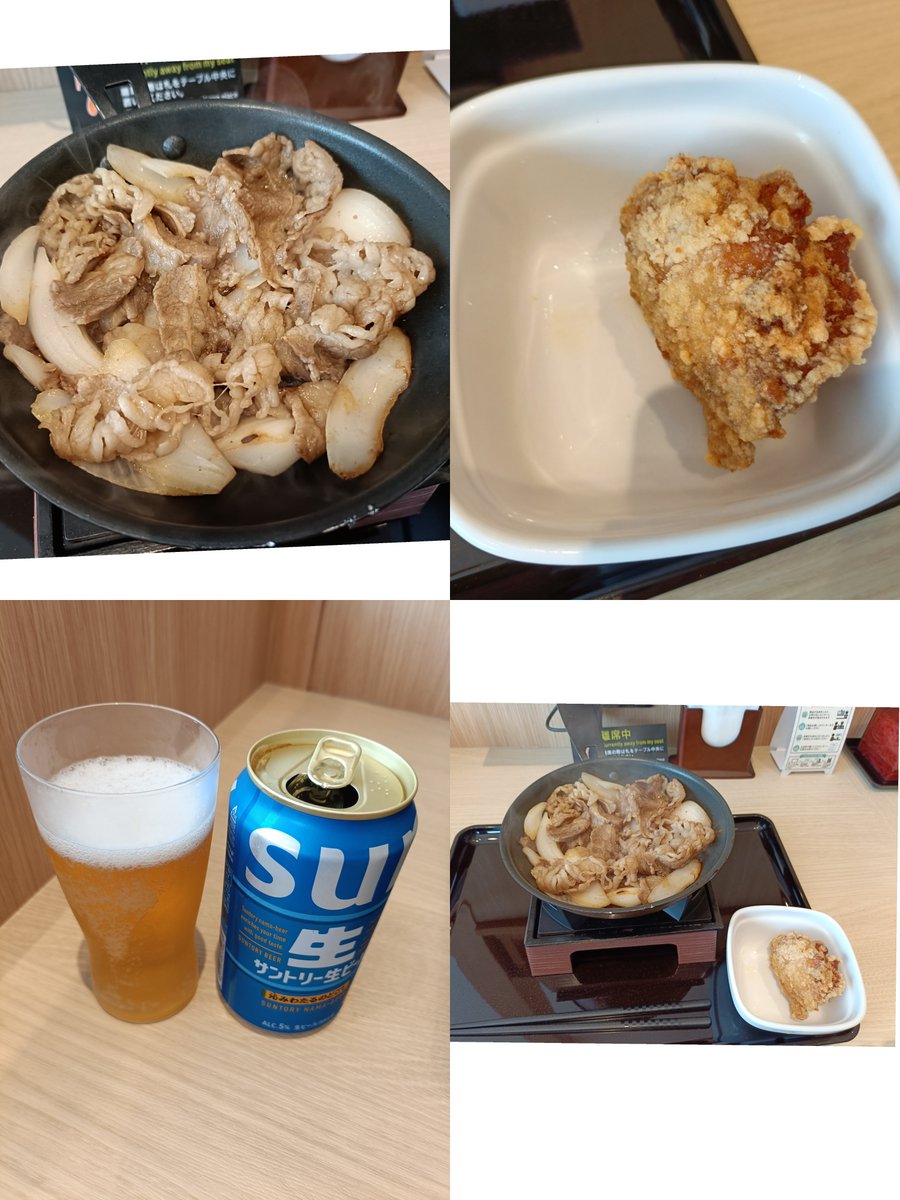 nowhappygo1's tweet photo. 某　吉野家　北越谷駅前店

牛鉄板焼肉皿
からあげ　1個

缶ビール🍺

※8月から再オープンと
お伝えしておきます https://t.co/VKplBw9QUN