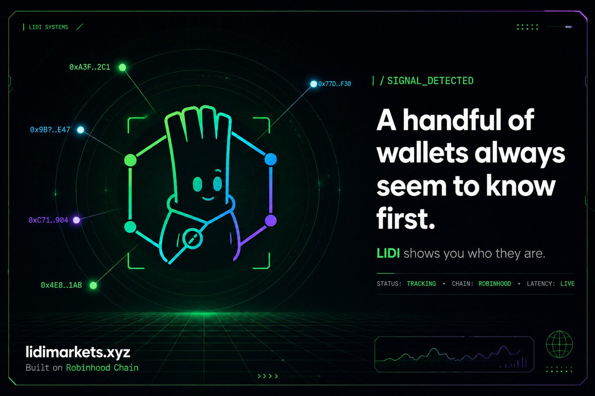 lidimarkets's tweet photo. Here's something we noticed.

A token starts trending. Your timeline lights up. You open the app to buy — and the people who actually made money on it got in hours, sometimes days, earlier.

It's not luck. Some wallets just tend to move first. We just never got to see who.

So we built LIDI to change that. Track which wallets move early, what they're buying, and how they're doing — all out in the open, straight from the chain.

Same data everyone else has. Just easier to see.

See who moves first.

https://t.co/Blxkxz2VgQ